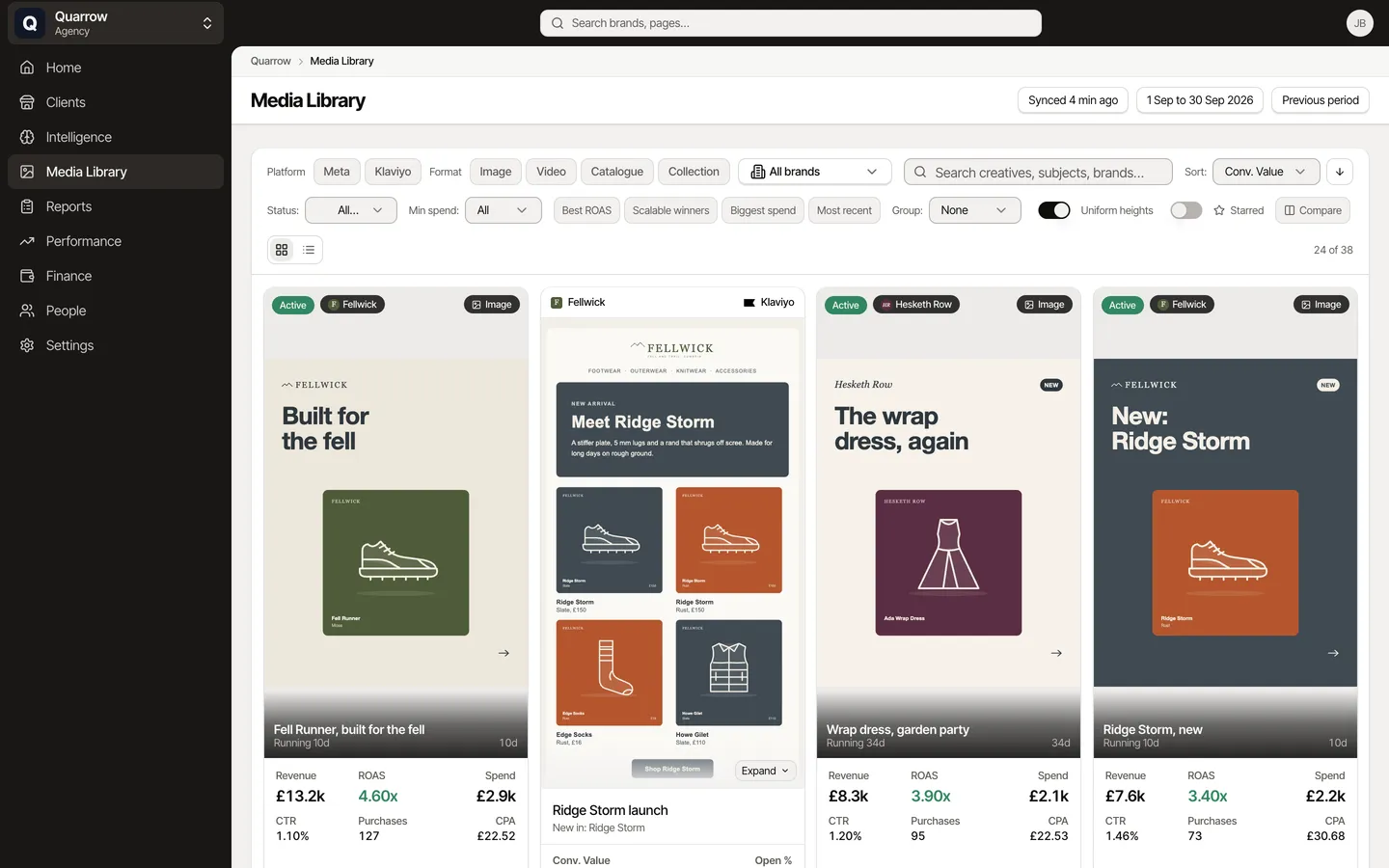 The agency Media Library: every client's ads and emails in one grid, with a brand chip on each, for Quarrow, an example agency.