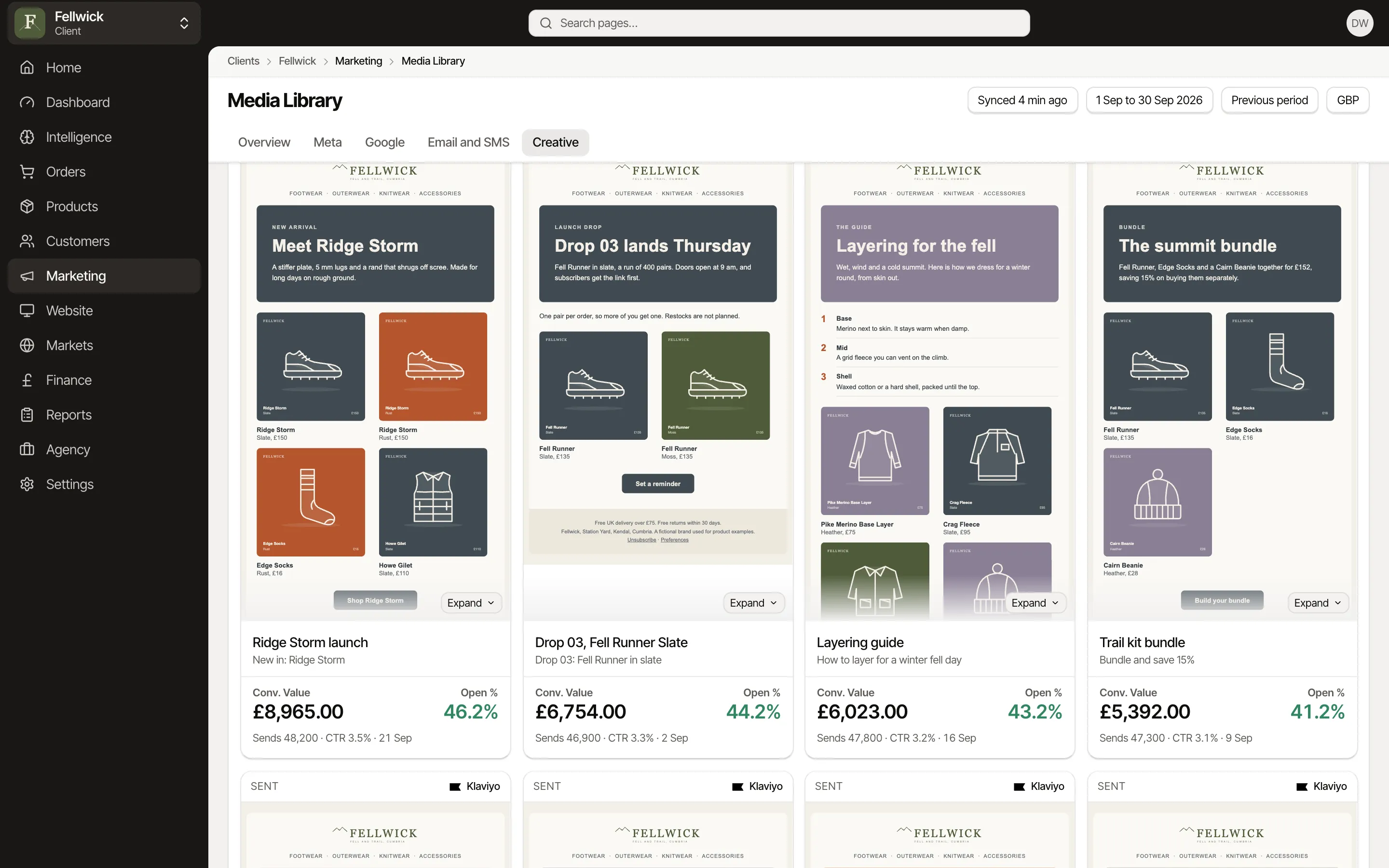 Under the Ridge Storm launch email: £8,965 of conversion value, a 46.2% open rate, 48,200 sends and a 3.5% click rate, for Fellwick, an example brand.