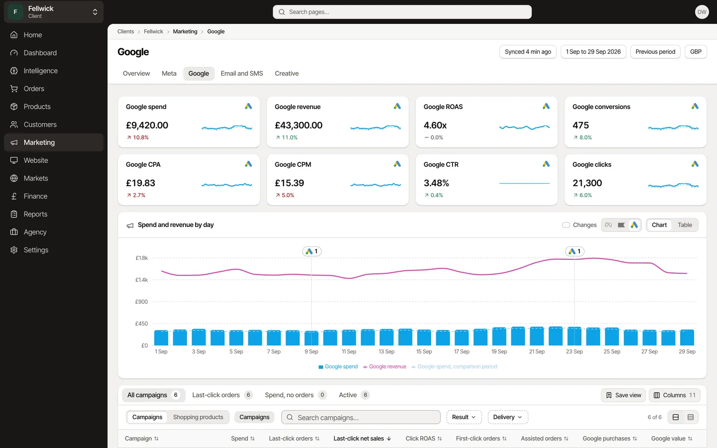 Google Ads: spend, revenue, ROAS, conversions, CPA, CPM, CTR and clicks, spend and revenue by day with changes marked, and the campaigns, for Fellwick, an example brand.