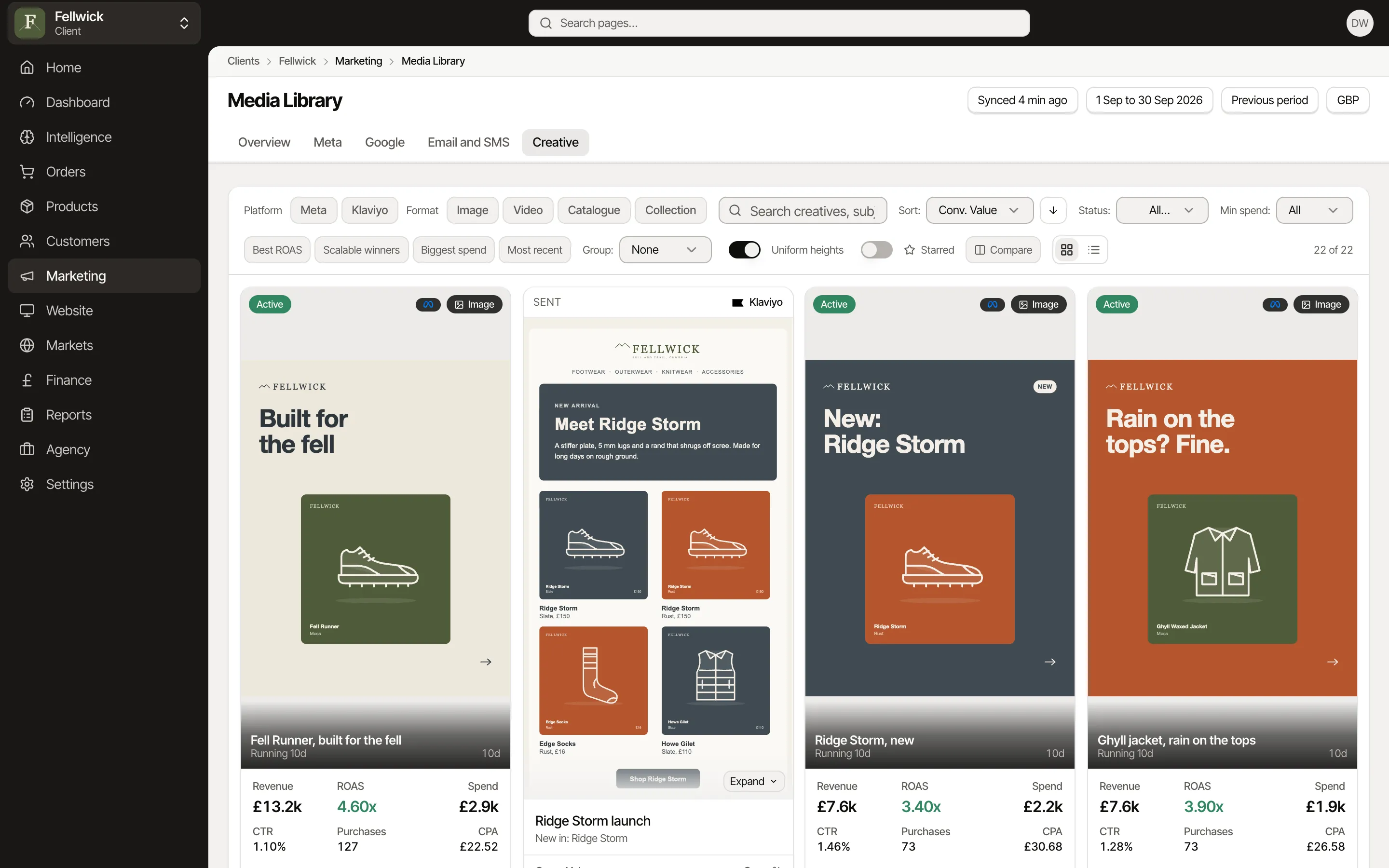 The Fell Runner ad in the Media Library, £13.2k of revenue at 4.60x ROAS on £2.9k of spend, beside the Ridge Storm launch email, for Fellwick, an example brand.