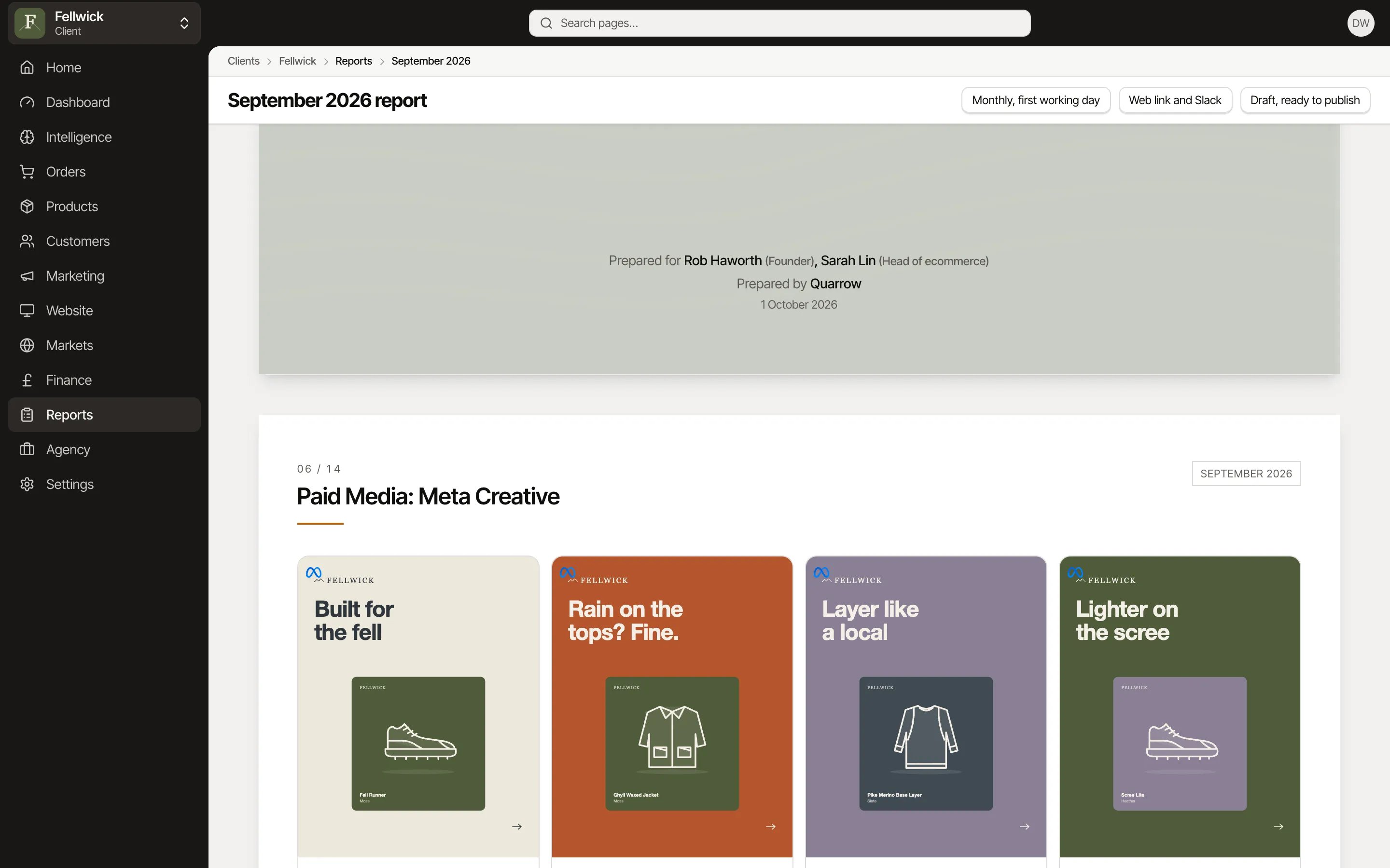 Page 6 of 14 of the September report: Paid Media, Meta Creative, for Fellwick, an example brand.